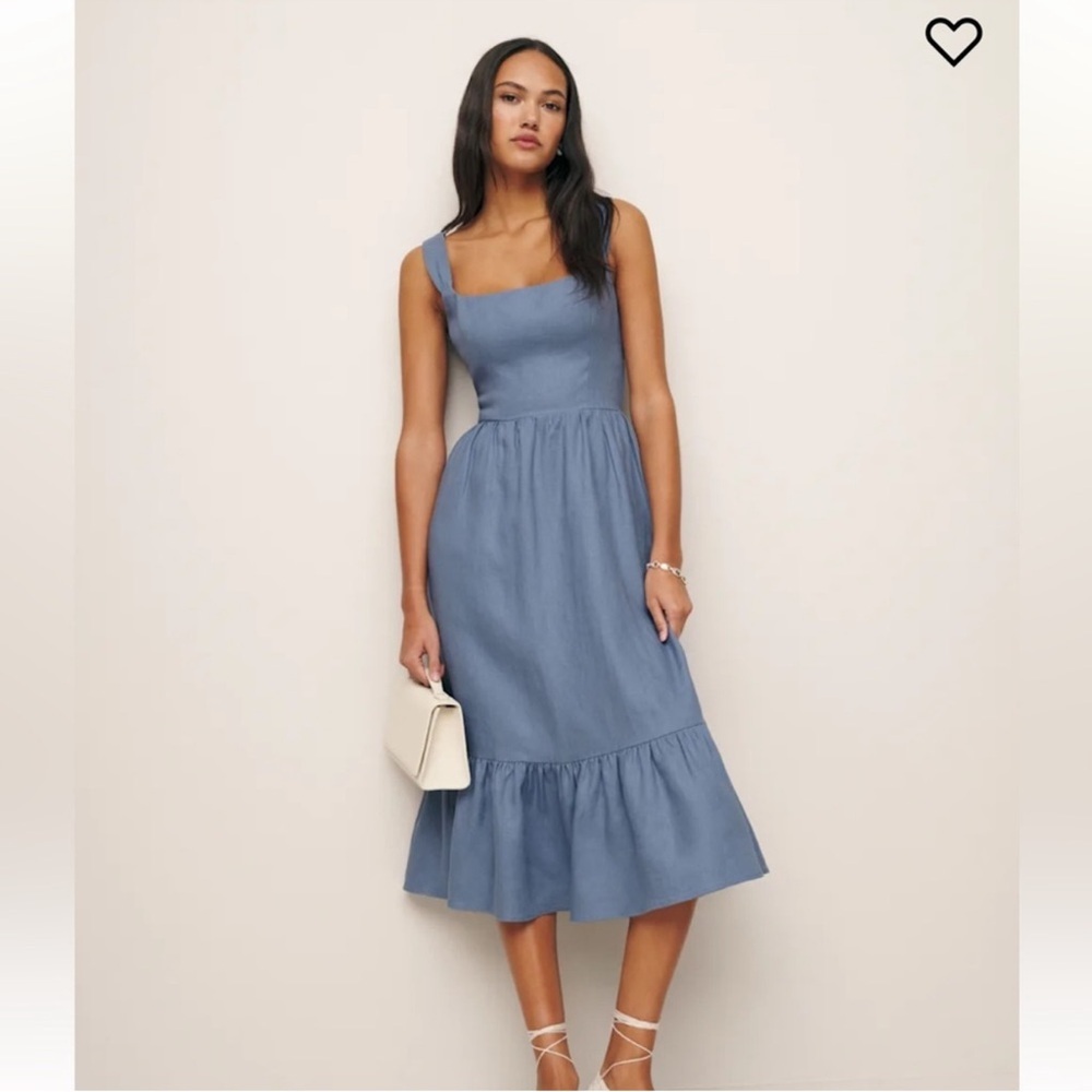 Reformation Dusty Blue Square-Neck Midi Dress